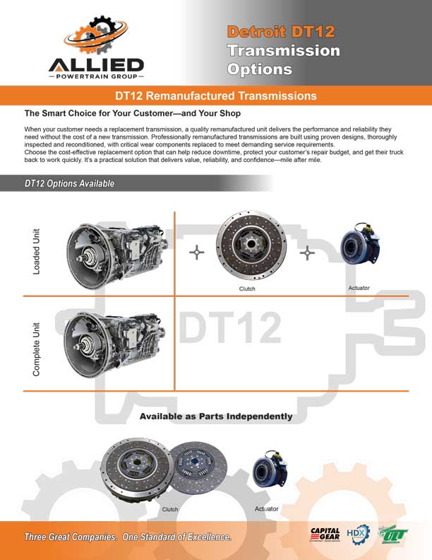 Detroit DT12 remanufactured transmission with clutch and actuator components