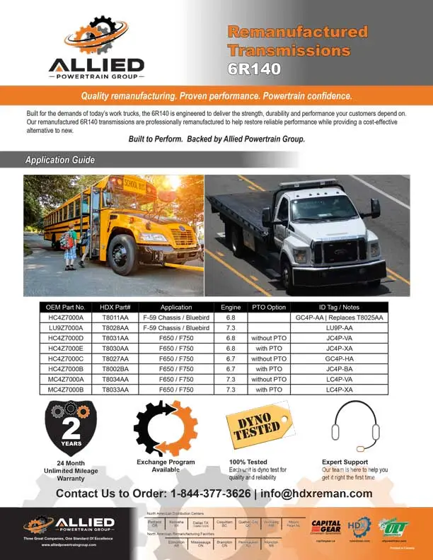 Ford F-650 work truck and school bus applications for remanufactured 6R140 transmissions