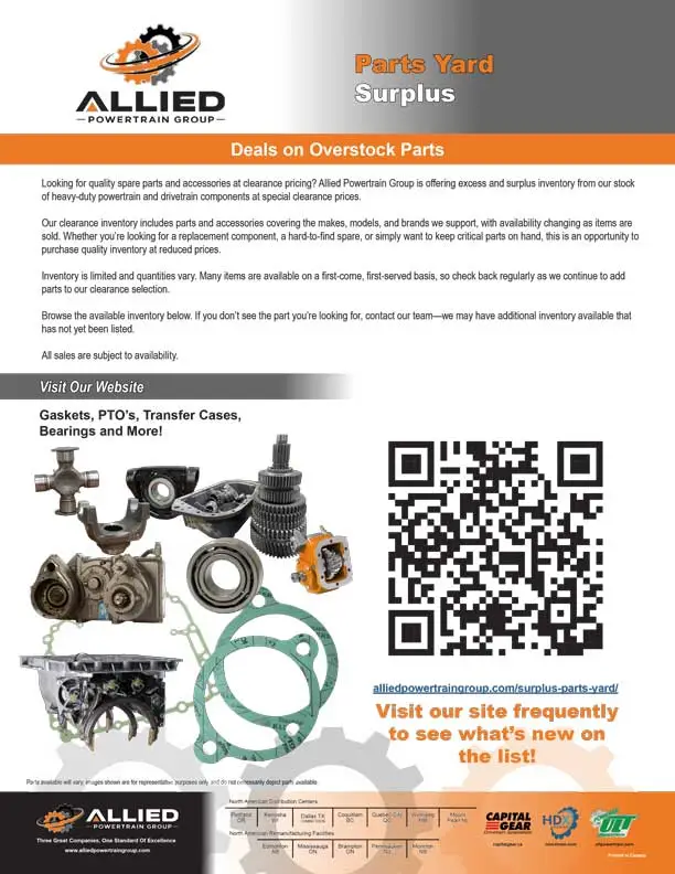 Allied Powertrain Group Surplus Parts Yard flyer featuring heavy-duty powertrain and drivetrain components