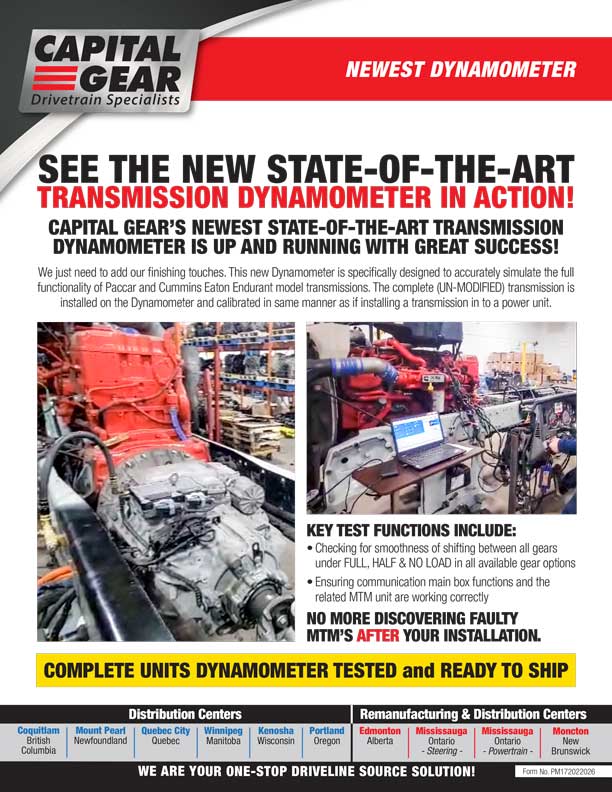 Capital Gear transmission dynamometer testing Eaton Endurant transmission with Cummins engine on test stand